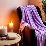 **Image Prompt:** A cozy corner setup for ASMR relaxation. Soft lighting illuminates a comfortable armchair with a plush blanket. Lavender-scented candles flicker gently, casting a warm glow on a small table. Headphones rest on the arm of the chair, suggesting a ready-to-use relaxation zone. A potted plant adds a touch of nature to the serene environment.