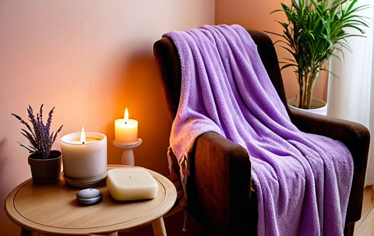 **Image Prompt:** A cozy corner setup for ASMR relaxation. Soft lighting illuminates a comfortable armchair with a plush blanket. Lavender-scented candles flicker gently, casting a warm glow on a small table. Headphones rest on the arm of the chair, suggesting a ready-to-use relaxation zone. A potted plant adds a touch of nature to the serene environment.