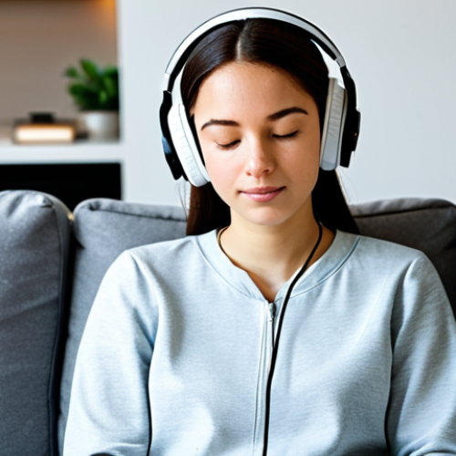 Home 6 A young adult in modest, comfortable clothing, sitting serenely in a clean, modern living room. They are wearing professional, noise-canceling headphones, with a calm and peaceful expression, eyes gently closed, conveying a state of deep relaxation and tranquility. The background features soft, ambient lighting and a cozy, organized environment. fully clothed, appropriate attire, safe for work, perfect anatomy, correct proportions, natural pose, well-formed hands, proper finger count, natural body proportions, professional photography, high quality, appropriate content, modest, family-friendly.