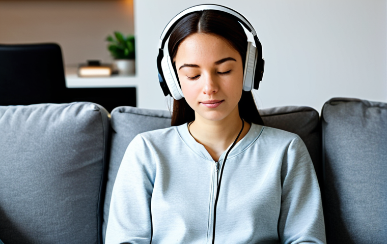 A young adult in modest, comfortable clothing, sitting serenely in a clean, modern living room. They are wearing professional, noise-canceling headphones, with a calm and peaceful expression, eyes gently closed, conveying a state of deep relaxation and tranquility. The background features soft, ambient lighting and a cozy, organized environment. fully clothed, appropriate attire, safe for work, perfect anatomy, correct proportions, natural pose, well-formed hands, proper finger count, natural body proportions, professional photography, high quality, appropriate content, modest, family-friendly.