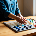 A calm professional, fully clothed in a modest, smart casual outfit, seated at a clean, minimalist wooden desk. Their well-formed hands are meticulously organizing small, colorful buttons into clear glass compartments, with a focus on their precise and deliberate movements. Soft, ambient natural light from a window illuminates the serene workspace, casting gentle shadows. The image conveys a sense of peaceful focus and quiet productivity. Perfect anatomy, correct proportions, natural pose, proper finger count, natural body proportions, safe for work, appropriate content, fully clothed, family-friendly, professional photography, high quality.