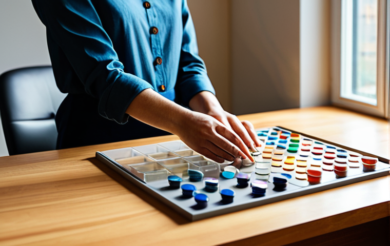 A calm professional, fully clothed in a modest, smart casual outfit, seated at a clean, minimalist wooden desk. Their well-formed hands are meticulously organizing small, colorful buttons into clear glass compartments, with a focus on their precise and deliberate movements. Soft, ambient natural light from a window illuminates the serene workspace, casting gentle shadows. The image conveys a sense of peaceful focus and quiet productivity. Perfect anatomy, correct proportions, natural pose, proper finger count, natural body proportions, safe for work, appropriate content, fully clothed, family-friendly, professional photography, high quality.