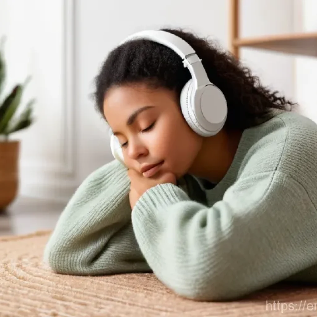 ASMR과 감정 회복의 과학 - A serene and cozy indoor scene. A young adult, wearing a comfortable oversized knit sweater and soft...