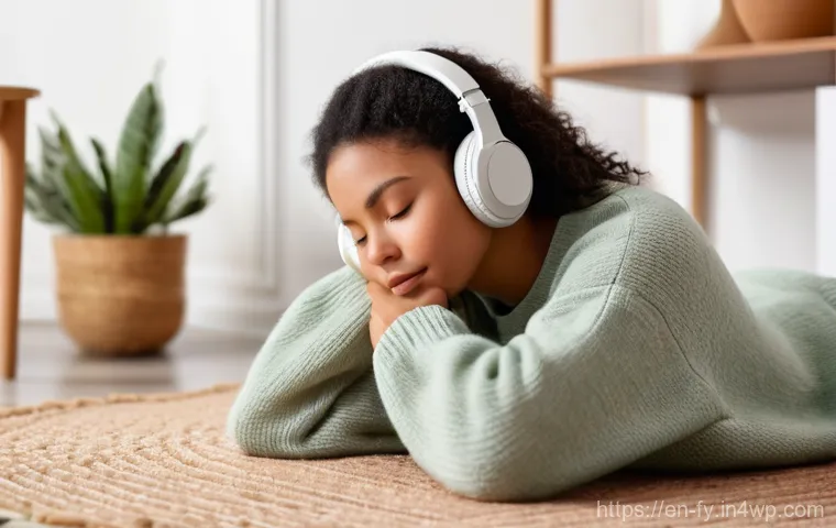 ASMR과 감정 회복의 과학 - A serene and cozy indoor scene. A young adult, wearing a comfortable oversized knit sweater and soft...