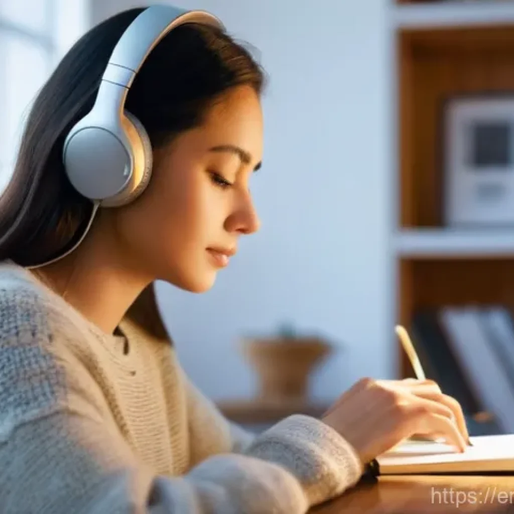 ASMR이 미치는 심리적 이점 - **Prompt:** A serene and focused young woman, in her late 20s, wearing a comfortable, soft knit swea...