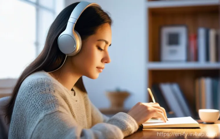 ASMR이 미치는 심리적 이점 - **Prompt:** A serene and focused young woman, in her late 20s, wearing a comfortable, soft knit swea...