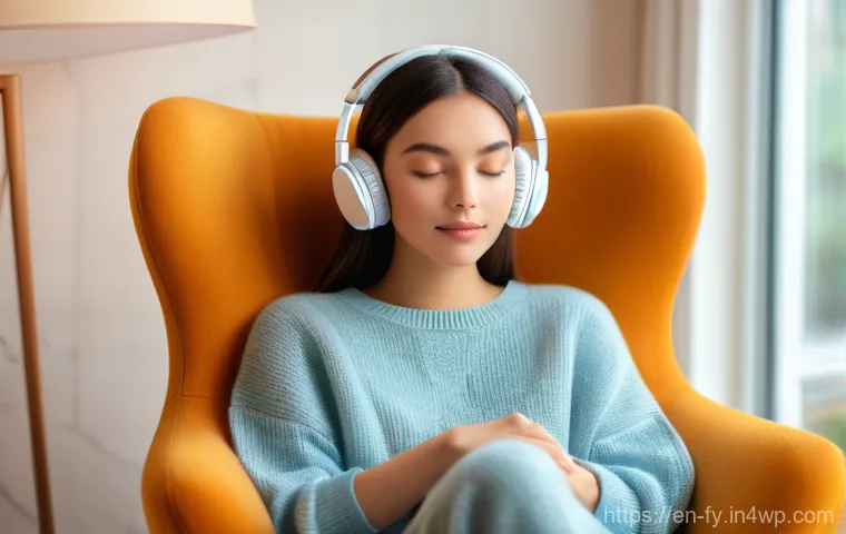 ASMR이 우울증에 미치는 영향 - **Prompt:** A person is deeply immersed in an ASMR experience, seated comfortably in a plush armchai...