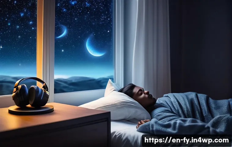 ASMR의 심리적 효과에 대한 전문가 의견 - A serene bedroom scene at night with soft, warm ambient lighting, featuring a person lying comfortab...