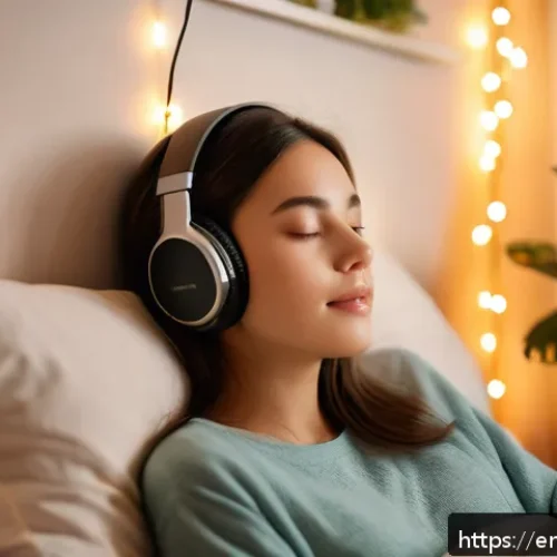 Home 32 ASMR의 심리적 효과 메커니즘 - A cozy, softly lit bedroom scene featuring a young adult woman sitting comfortably on a bed with hea...