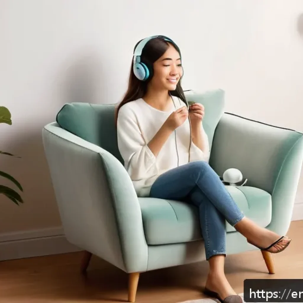 ASMR과 감각 자극의 관계 - A cozy, softly lit room featuring a young adult woman sitting comfortably in a plush armchair, weari...