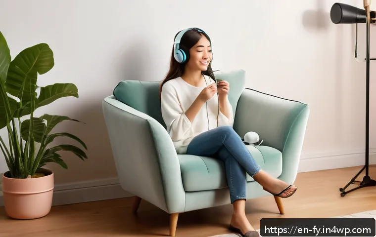 ASMR과 감각 자극의 관계 - A cozy, softly lit room featuring a young adult woman sitting comfortably in a plush armchair, weari...