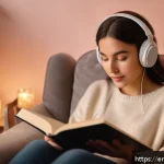 Home 18 ASMR이 자아 존중감에 미치는 영향 - A cozy, softly lit room with a young adult woman sitting comfortably in a plush armchair, wearing ca...
