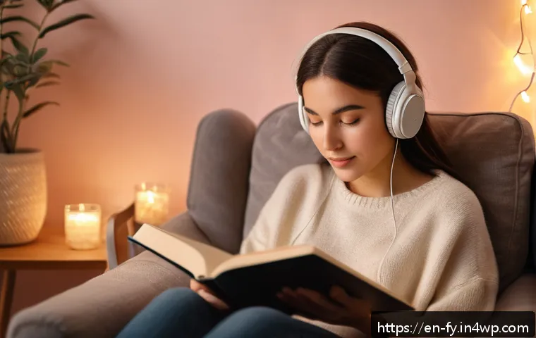 ASMR이 자아 존중감에 미치는 영향 - A cozy, softly lit room with a young adult woman sitting comfortably in a plush armchair, wearing ca...