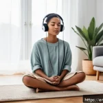 Home 23 ASMR 체험이 개인적 성장에 미치는 영향 - A serene indoor scene depicting a young woman sitting cross-legged on a soft rug in a cozy living ro...