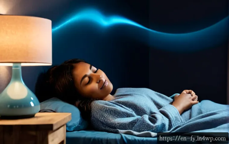 ASMR과 수면 질 향상의 관계 - Photorealistic cozy bedroom at night, adult woman wearing modest sleepwear resting peacefully under ...