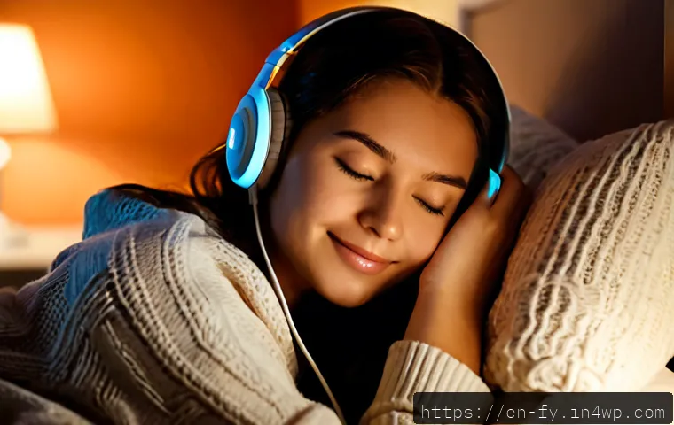 Home 16 ASMR의 감정 경험 다양성 - Photorealistic close-up of a relaxed young adult wearing comfortable over-ear headphones beside a so...